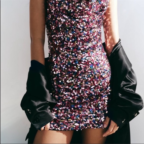 NWT ZARA PINK SHORT SEQUIN DRESS - Picture 10 of 15